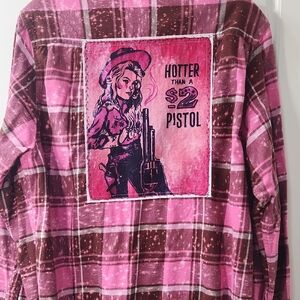 Hot Pink Flannel Plaid Shirt with Graphic Patch Large
